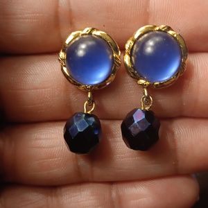 ©️LCI DESIGNER VINTAGE COBALT BLUE 💙 MOONSTONE 18k GOLD RETRO DANGLE EARRINGS